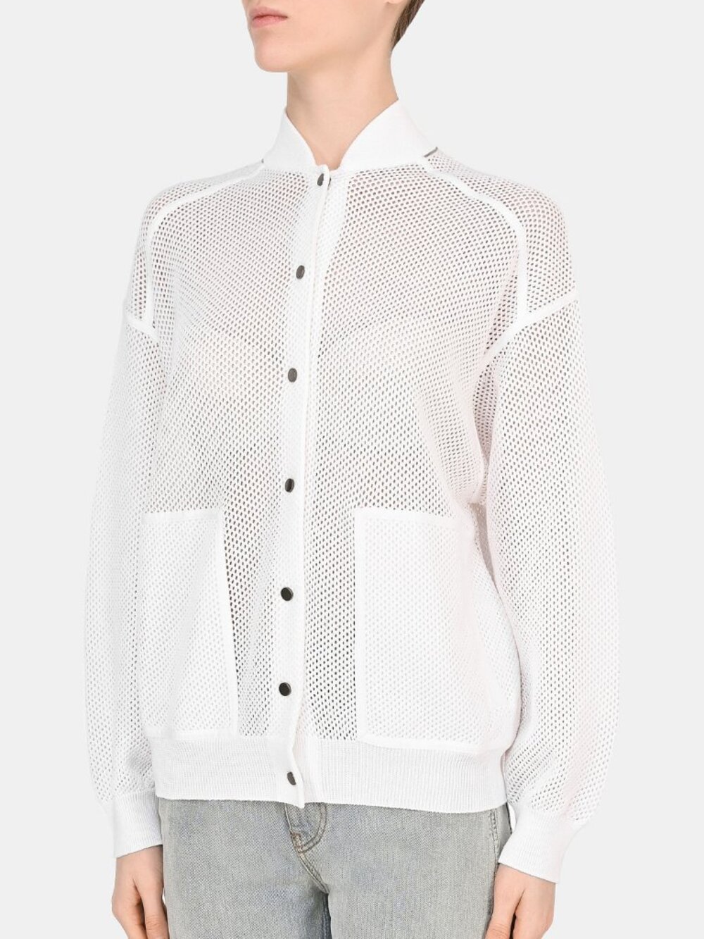 Brunello Cucinelli SS22 White Mesh-Knit Monili-Trim Bomber